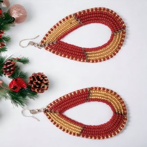 Earrings, Beaded earrings, Red and Gold Beaded earrings